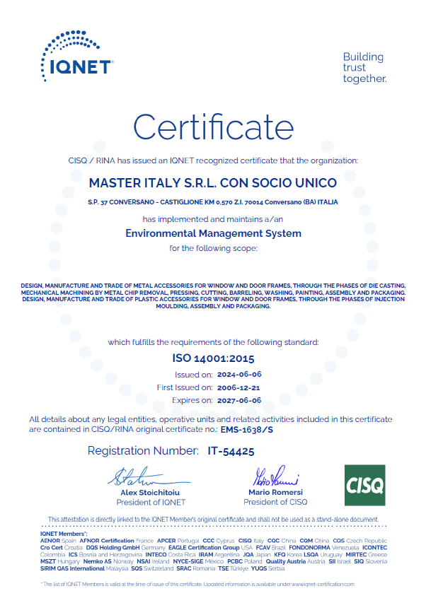 copertina certificato ISO 14001:2015